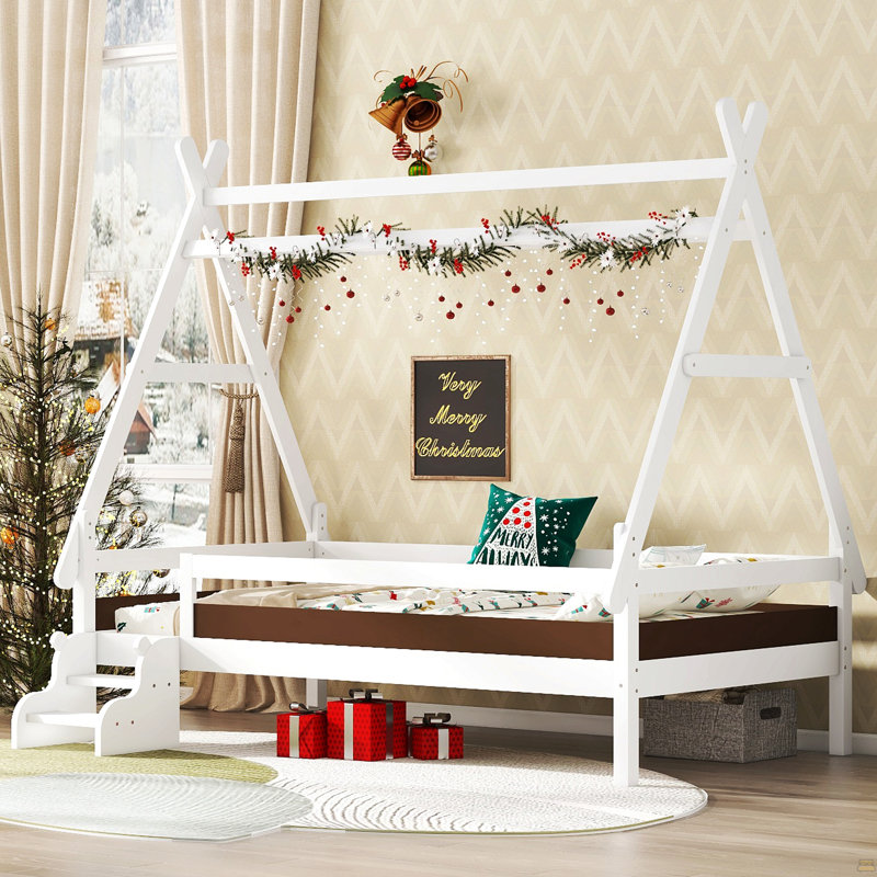 Lit plateforme simple avec escalier, lit simple en bois massif, Lit simple, Blanc