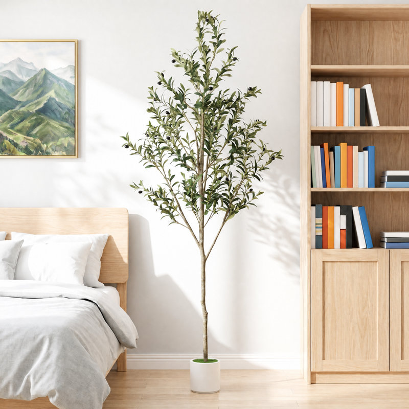 Faux olivier 7 pi avec pot à fleurs blanc, plante artificielle pour la maison et le bureau, 84" H x 23" W x 23" D