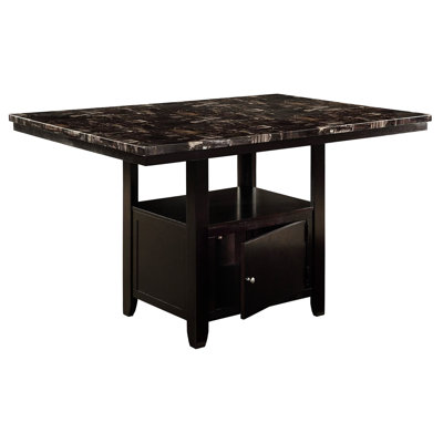 Table de salle à manger à hauteur de comptoir avec faux marbre et rangement, design contemporain brun rectangulaire