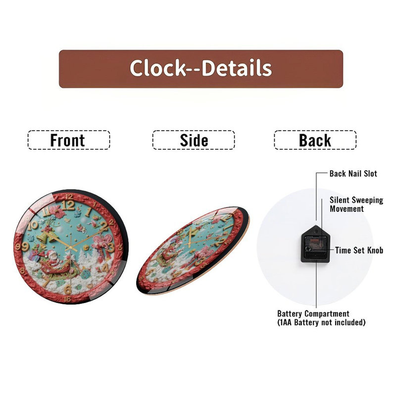 Horloge murale de Noël-Horloge-Père Noël-Traîneau-Neige - Horloge murale moderne en verre 12 po