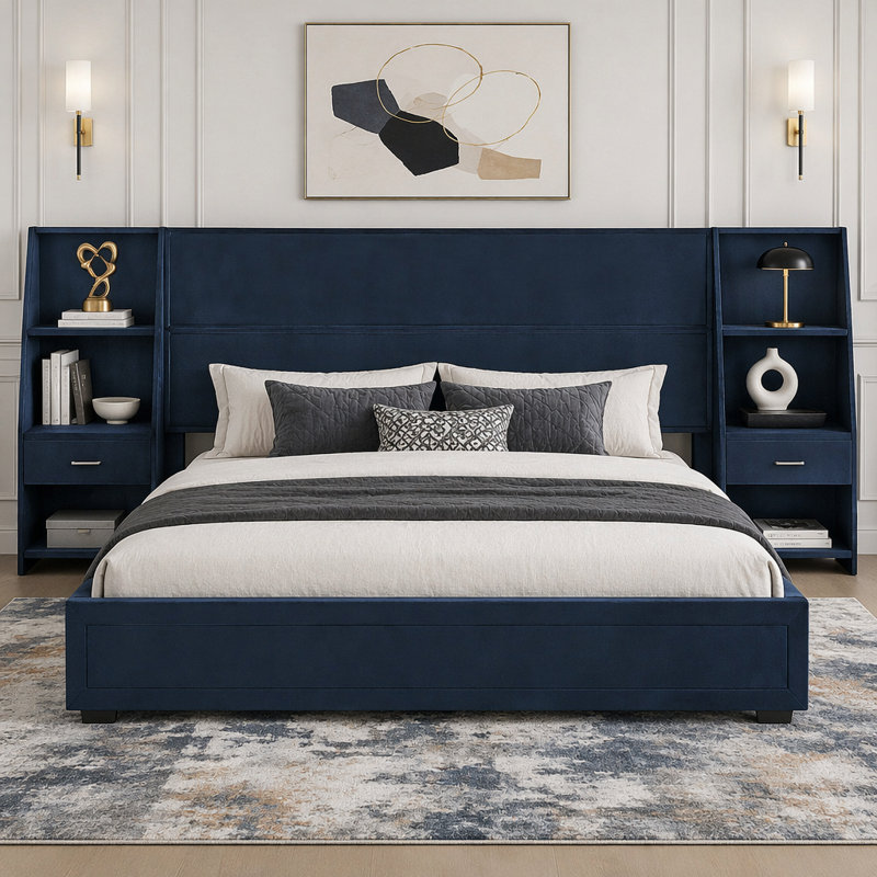Base de lit plateforme avec rangement moderne, tête de lit tapissier avec bibliothèques latérales et tiroir, King, Dark Blue