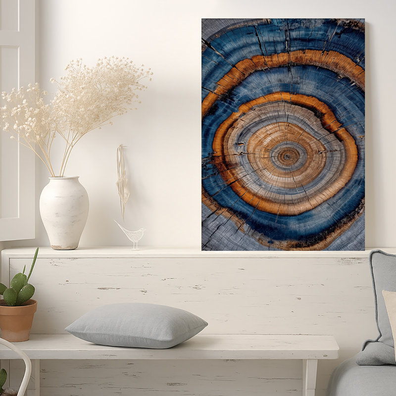Bleu et brun, arbre, croissance, anneaux, section transversale, texture, art mural sur toile, H 24 po x l 18 po