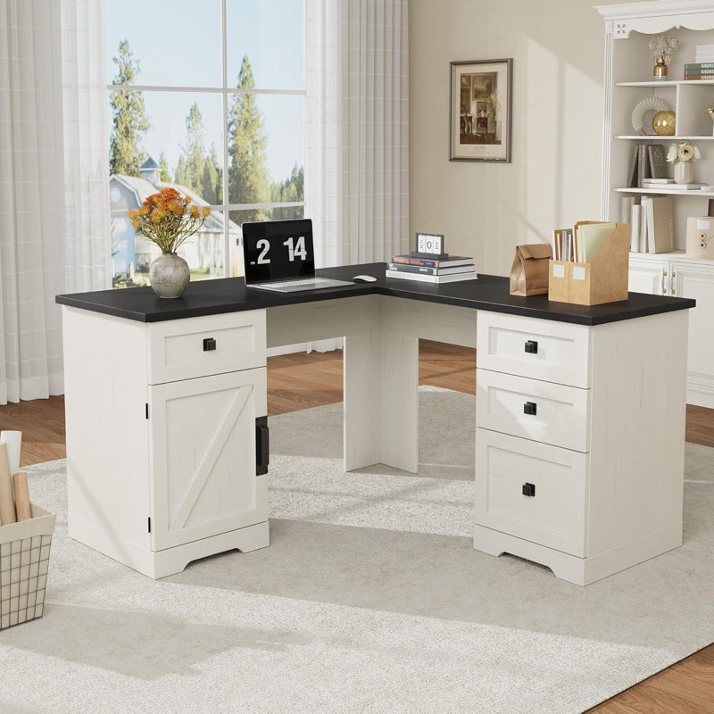 Boese Farmhouse 60" Executive L Shaped Desk, Home Office Desk With File Drawers And Storage Cabinet, Corner Computer Desk With Adjustable Side Storage Cabinet
