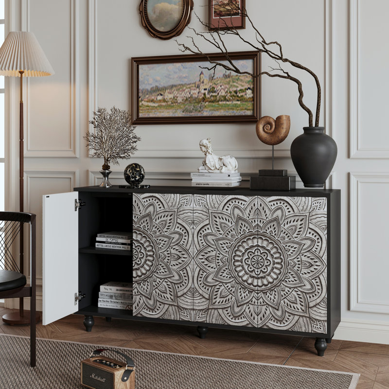 Buffet Mandala 3D avec tablettes réglables et portes à pousser, parfait pour un décor de maison de campagne moderne