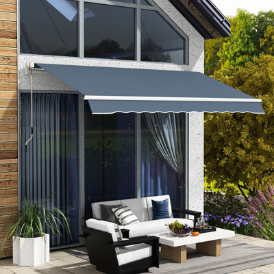 12' X 10' Retractable Sun Awning For Patio. Manual Crank. & Water- 280g/m² Fabric. Aluminum Frame Different Environments. Charcoal Gray Patio - With Easily Adjustable Crank Deck, Balcony, Yard,