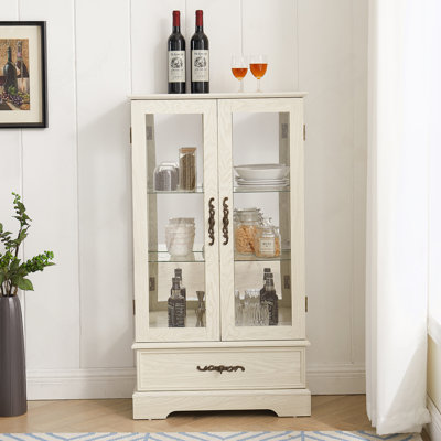 Armoire en verre cerisier avec tablettes réglables, 2 portes et tiroir pour une présentation et un rangement élégants