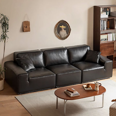 Canapé multi-places 118,11 po, noir, moderne et minimaliste carré, cuir fleur sur les surfaces de contact