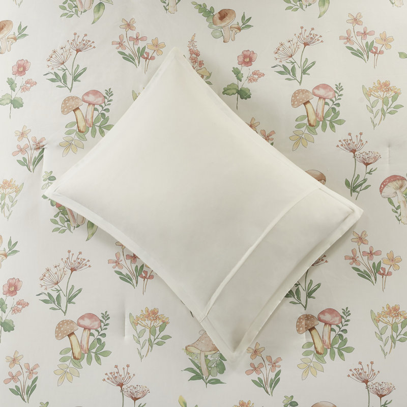 Whimsical Green Bedding Sets, Polyester Comforter With Mushroom And Floral Design, Perfect For Home Décor