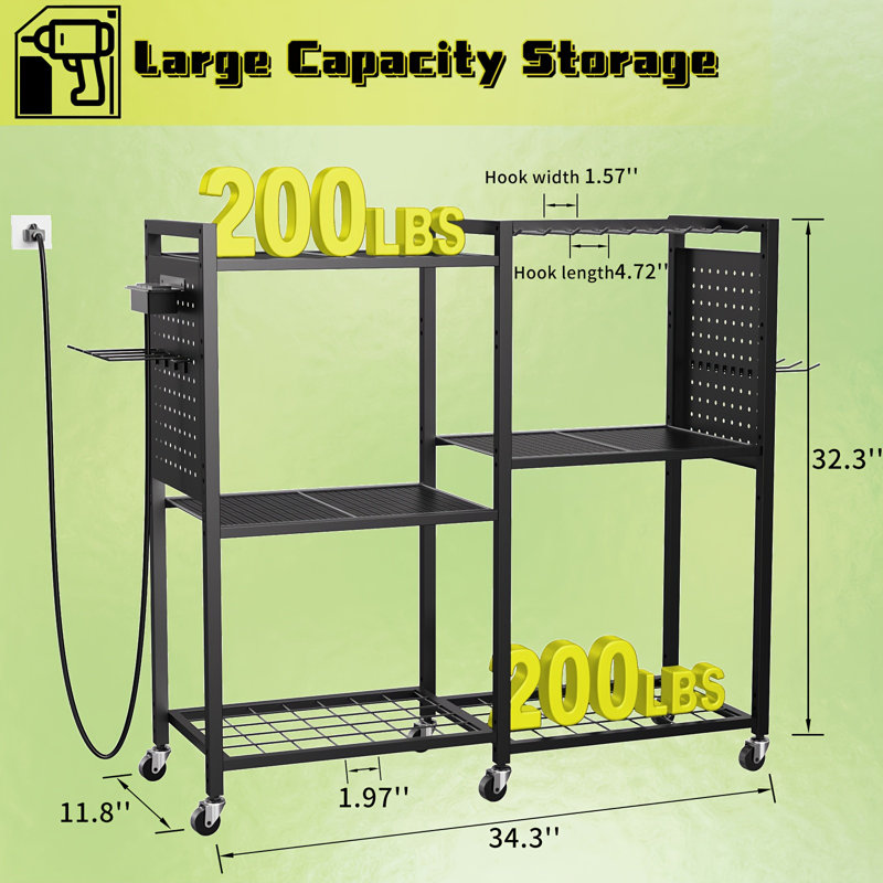  Power Tool Organizer with Charging Station,Rolling Tool Cart on Wheels with 12 Drills Holders, 5 Storage Shelves, Utility Rack Tool Box with Battery Charging Power Strip for Garage, Workshop,(Black)