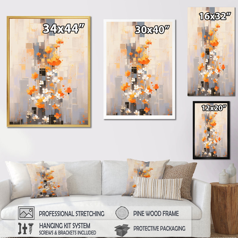 Fleurs de bouquet de coups de crayon orange gris sur toile, Cadre simple noir, H 40 po x l 30 po x P 1,5 po