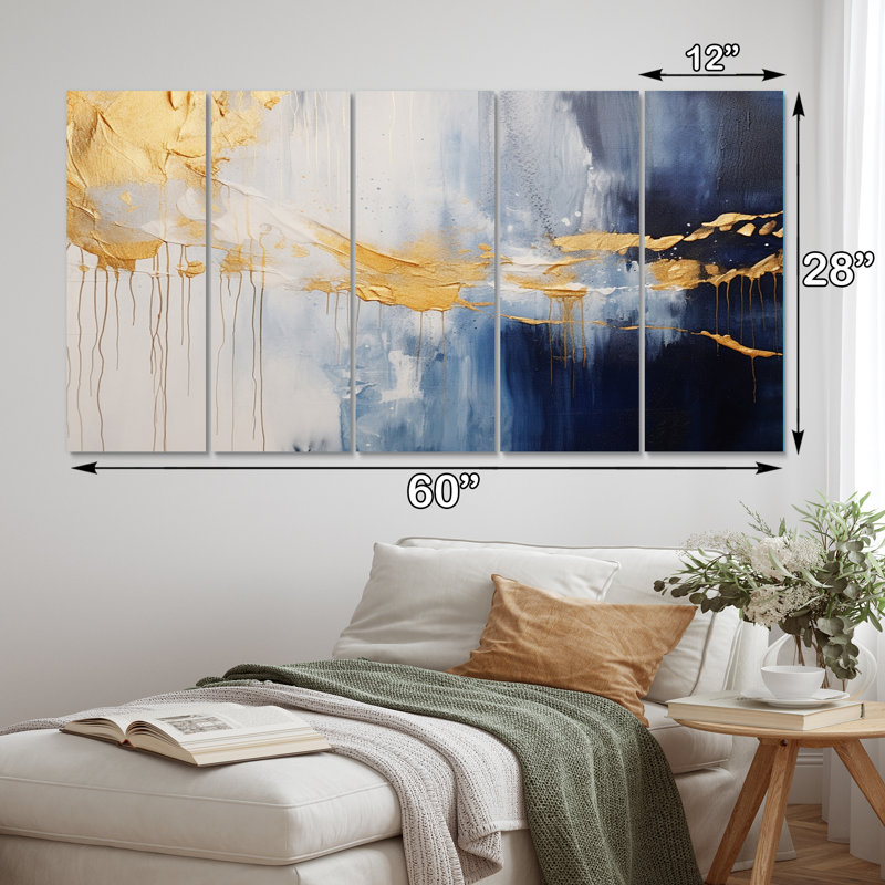 Waves Of Joy Minimal Nova bleu et or III - art mural abstrait sur toile - 5 panneaux égaux