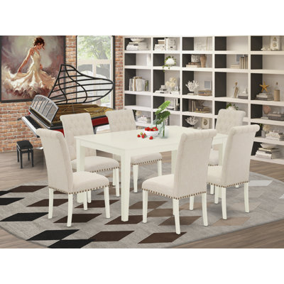 Ensemble de table de salle à manger 7 pièces composé d'une table de cuisine rectangulaire et de 6 chaises de salle à manger Parson en tissu beige clair, 36 x 60 pouces, lin blanc