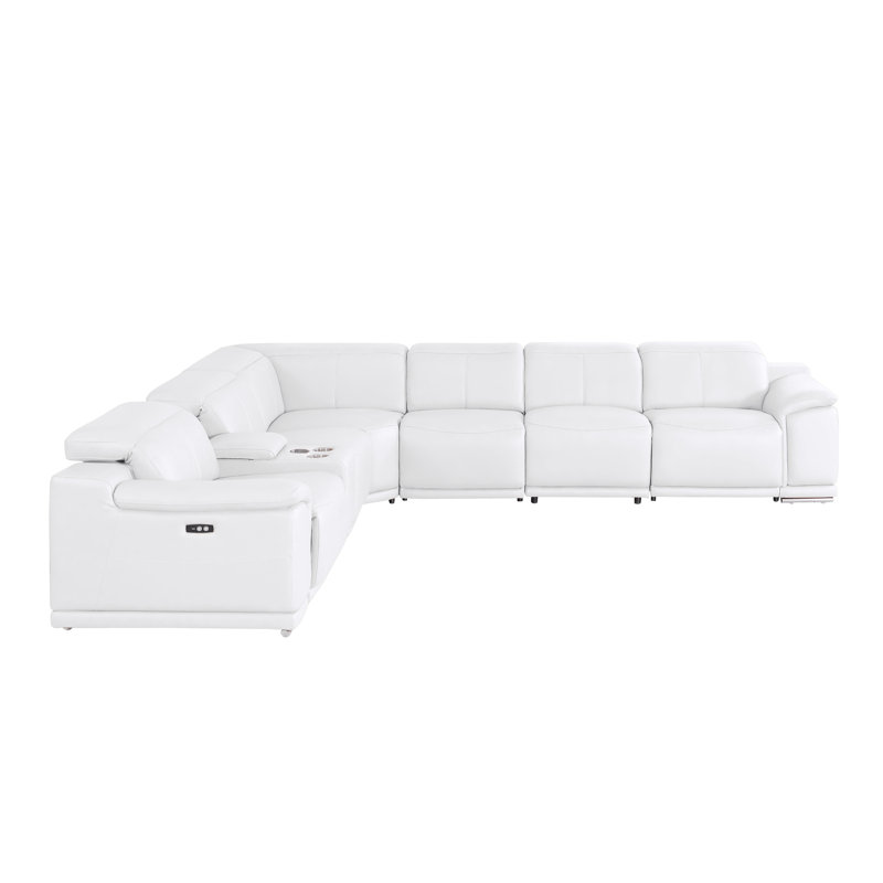7-Piece L-Shaped Power Reclining Sectional In Genuine Leather – 3 Recliners, White Top Grain Leather