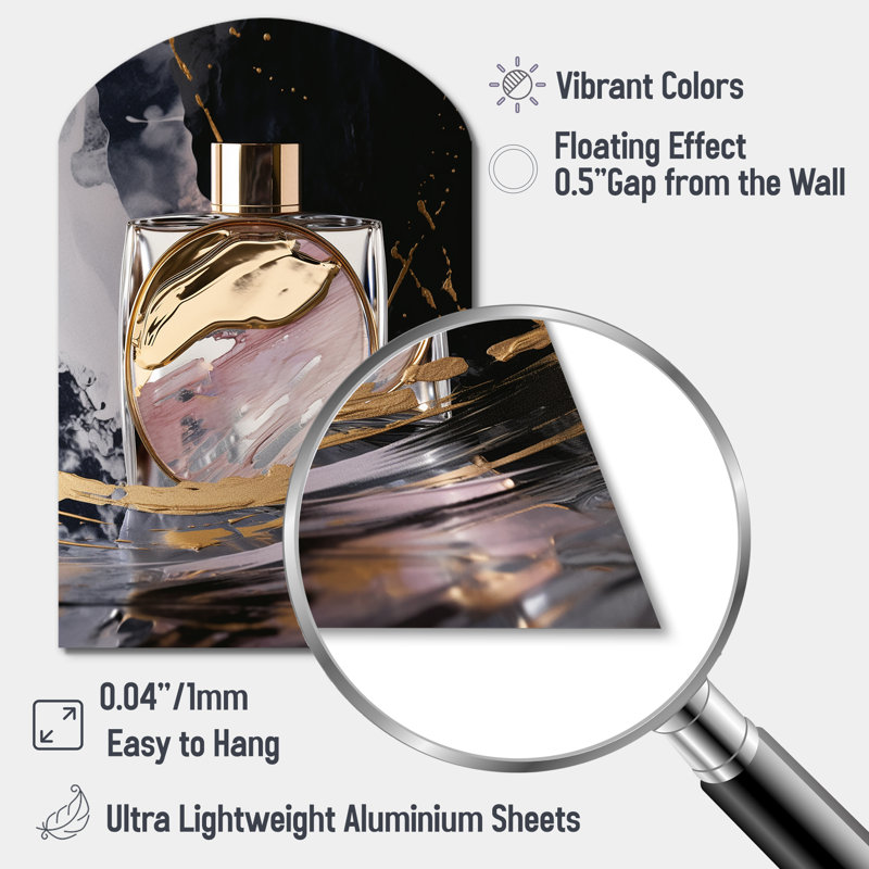 «The Essence Of Perfume IV», art mural en forme de parfum de mode asymétrique, sculpture murale en arche, H 34 po x l 25 po