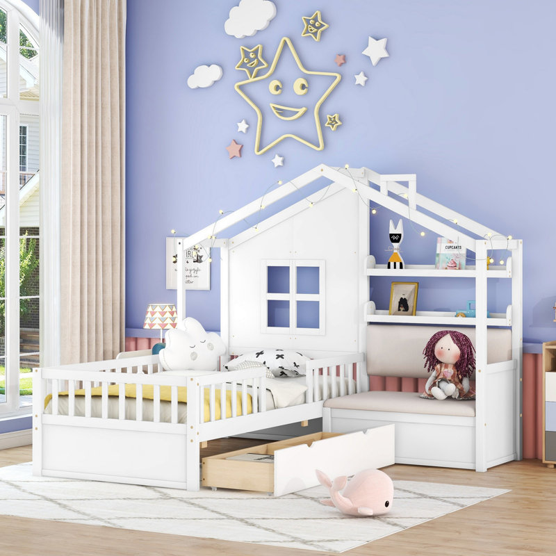 Lit simple avec canapé, lit plateforme pour enfants avec deux tiroirs et tablette de rangement