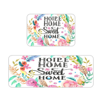 Watercolor Floral Wreath Home Sweet Home 2 Piece Kitchen Floor Mats, Kitchen Living Space, White