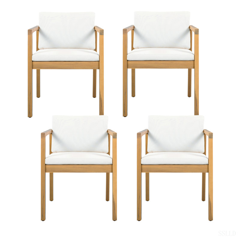 Chaises de salle à manger d'extérieur avec structure en bois d'acacia, finition teck clair et coussins beiges