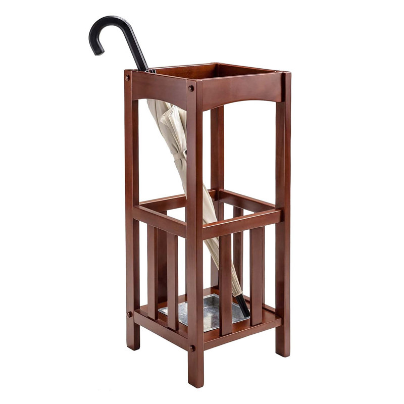 Walnut Wood Umbrella Stand with Metal Tray