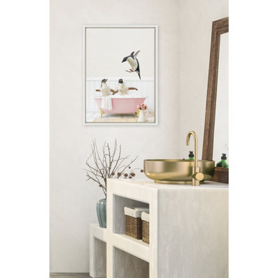 Penguins Playing in Cottage Rose Bath by Amy Peterson Framed Canvas Wall Art Print