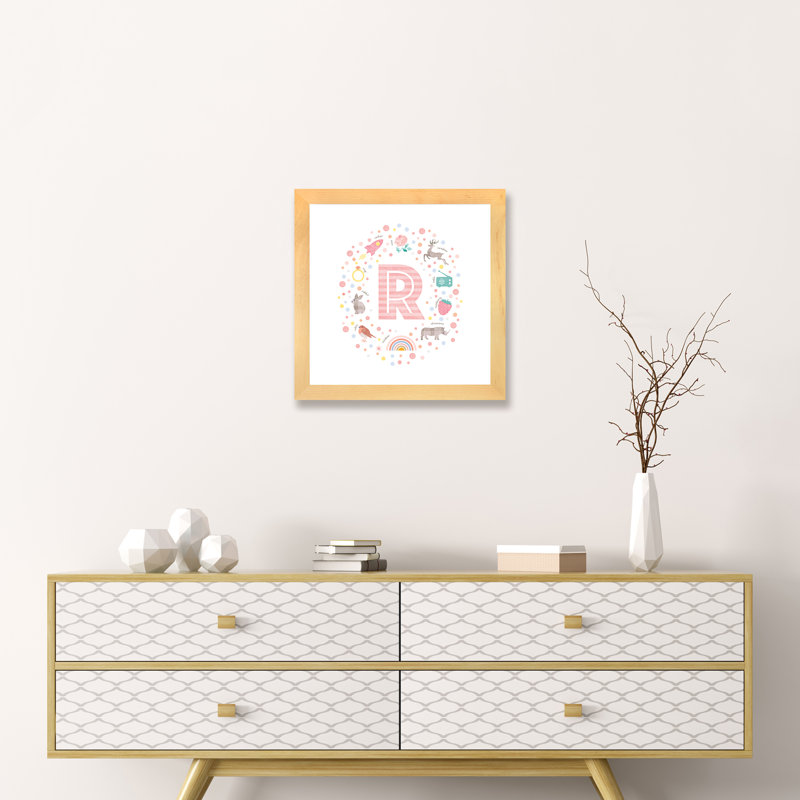 " Illustrated Letter R Pink ", Beige Framed Paper, White, 16" H x 16" W x 1" D