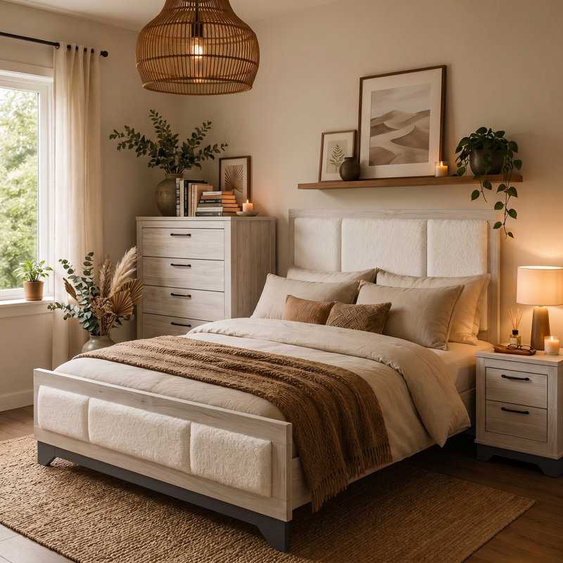 Ensemble de chambre à coucher moderne 3 pièces, grand lit tapissier, commode et table de chevet, blanc, Queen