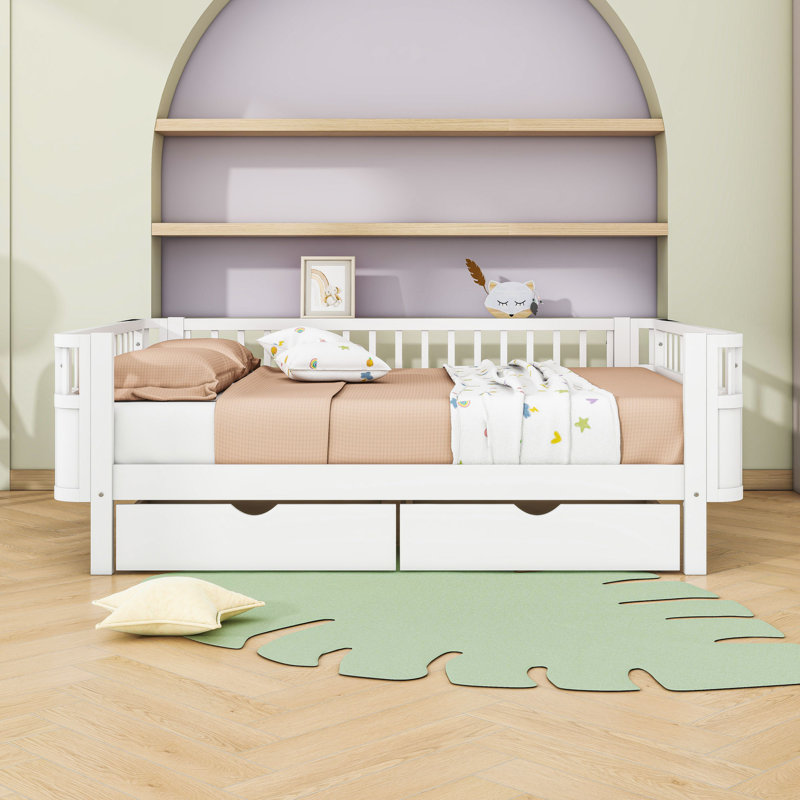 Wood Platform Bed With Rails, Full, White