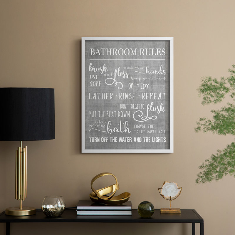 Neutral Bathroom Rules Framed Print - Solid Wood, 30" H x 24" W, White