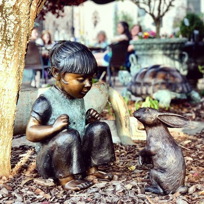 Bronze 2 Piece Girl with Bunny Rabbit Sculpture Set