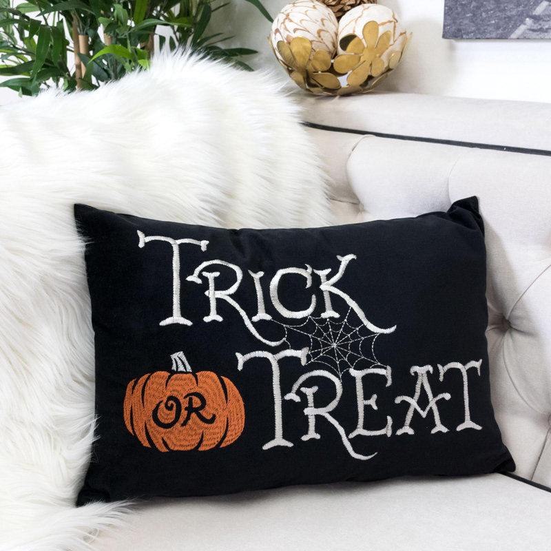 Trick Or Treat Halloween Lumbar Pillow – Embroidered Black Cushion With Insert