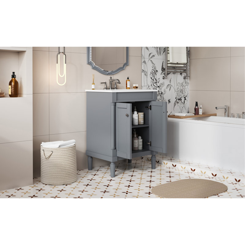 Meuble-lavabo 24 po avec lavabo supérieur, meuble de rangement moderne à 2 niveaux, meuble-lavabo simple, grandes tablettes de rangement