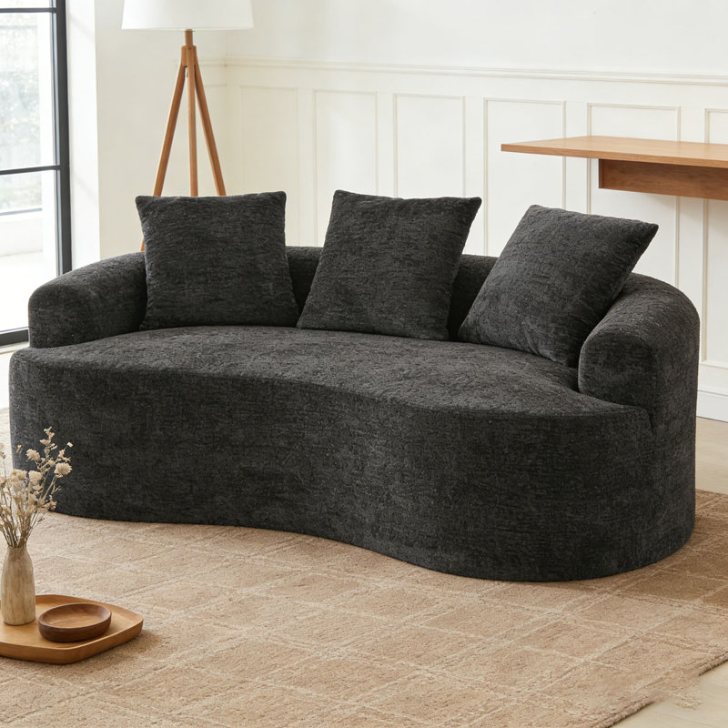 Petit canapé en chenille avec 3 coussins, Noir