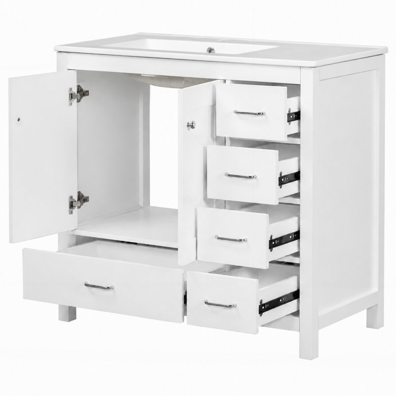 Meuble-lavabo de salle de bain de 91 cm (36 po) avec 5 tiroirs et portes à fermeture en douceur, Blanc, Argent