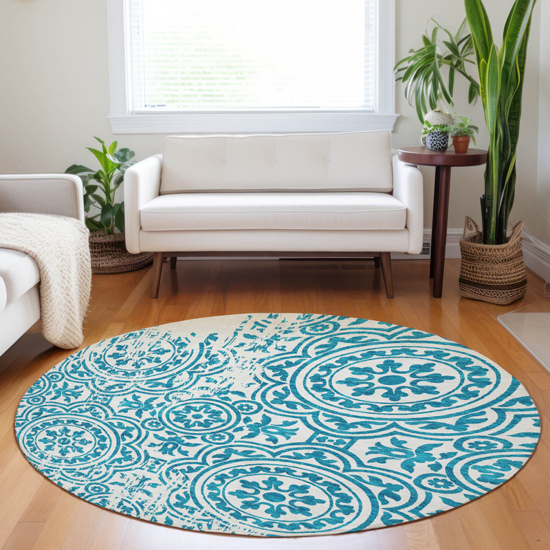 Premium Machine Washable Prisco Teal Rug, Round 8'