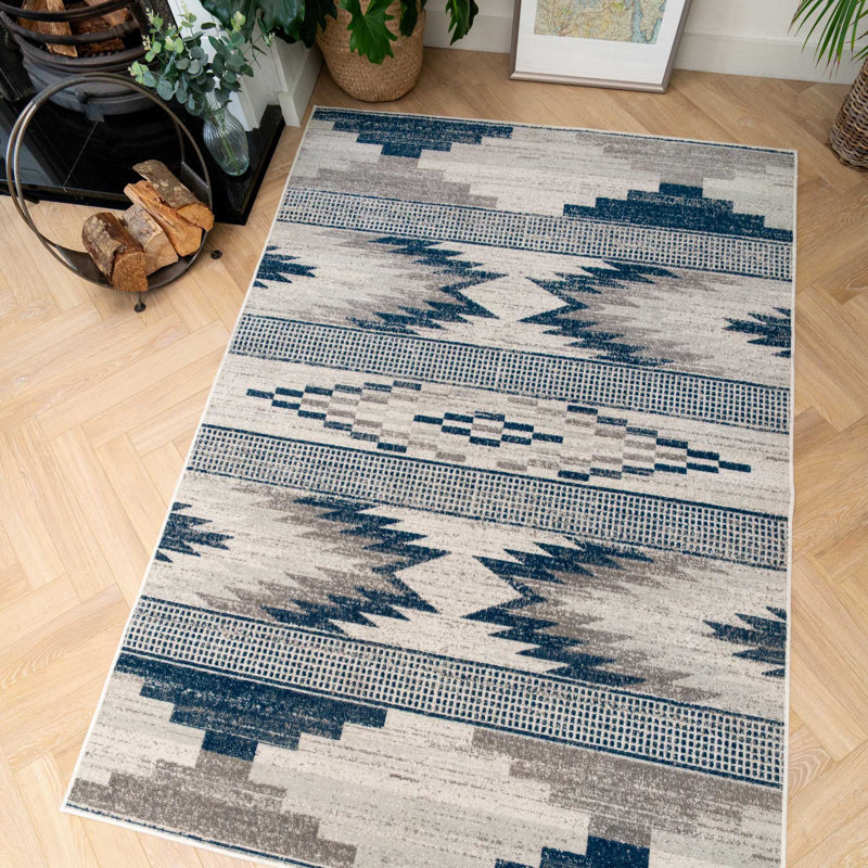Veroniza Blue Grey Aztec Power Loom Rug, Rectangle 120 x 170cm