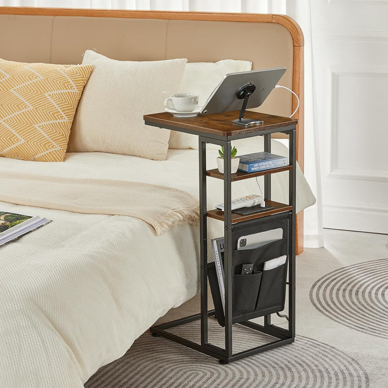 C Shaped End Table for Couch, C Shaped Side Table with Storage Bag, C Table for Sofa with 2 Storage Shelf, Black With Socket