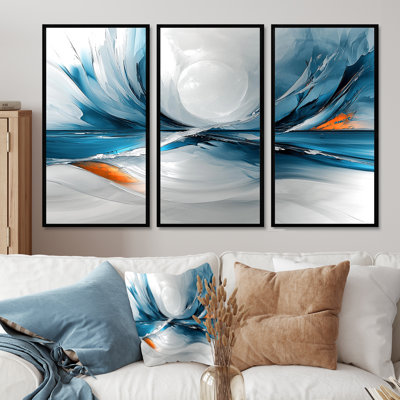 Tourbillon abstrait dans des tons de bleu et d'orange II - ensemble de reproductions d'art mural abstrait