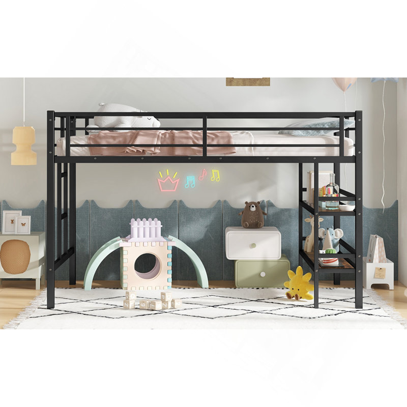 Lit mezzanine simple en métal avec tablette de rangement, lit mezzanine avec échelle facile à monter et garde-corps pour enfants, noir