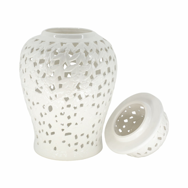 Grand vase contemporain en céramique pour présentation de table - Vase décoratif à découpes, Blanc