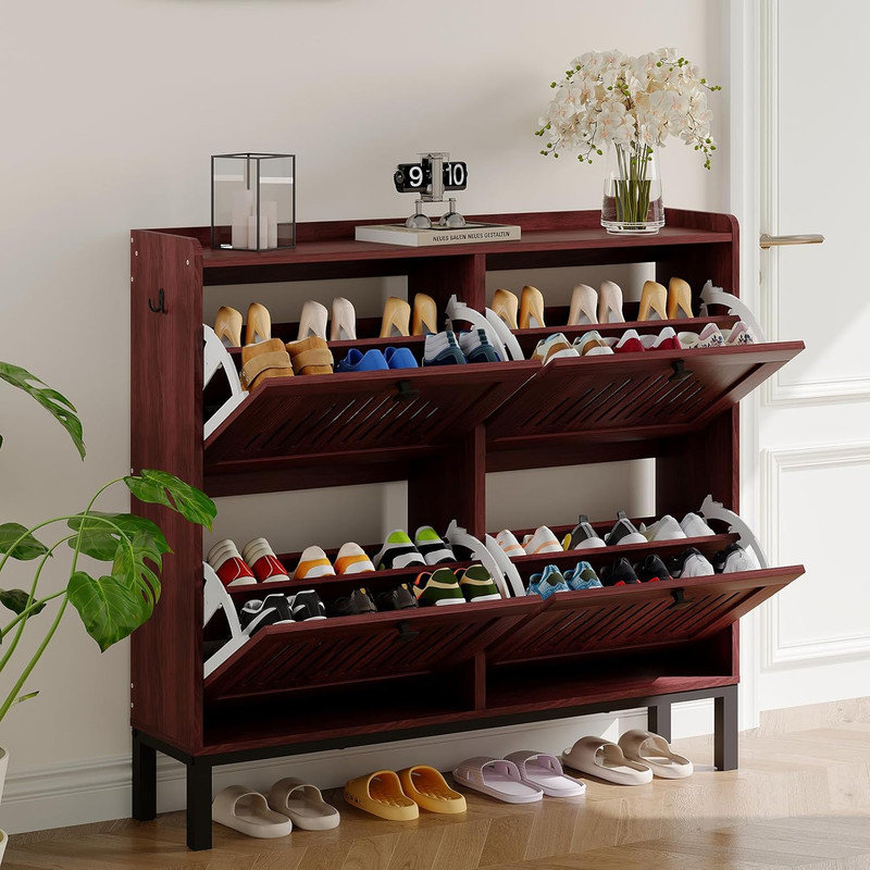4-Drawer Shoe Storage Cabinet with Hollow Out Panels & Black Handles, Adjustable Shelves, Slim Entryway Organizer, Brown Wood