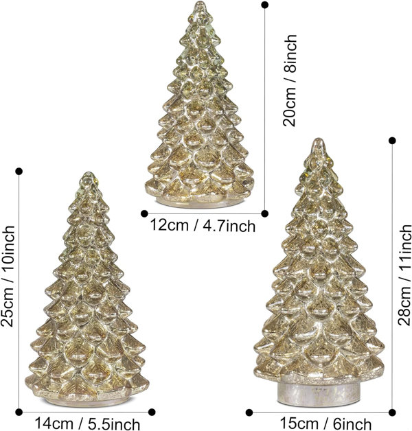 PHITRIC Christmas Decorations Indoor, 3 PCS Sparkling Glass Gold Christmas  Tree Table Decorations with LED Lights and Timer, Textured Xmas Tree