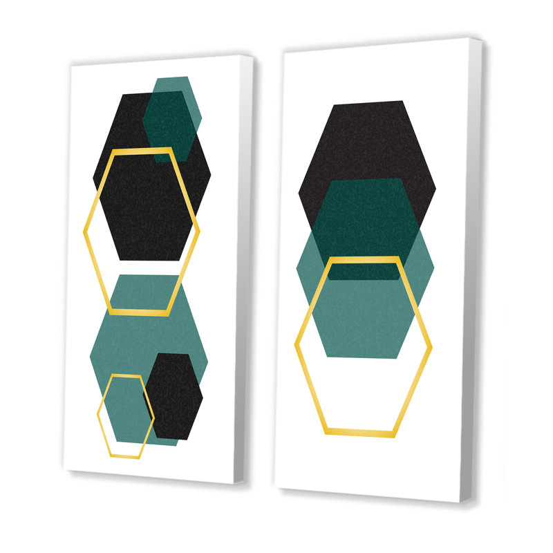«Abstract Geometrics in Green and Gold III», ensemble de 2 peintures, Toile tendue, H 20 po x l 24 po x P 1 po