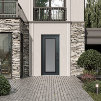 С1 Panel Black Steel Anthracite/Anthracite Frosted Glass Prehung Front Entry Door
