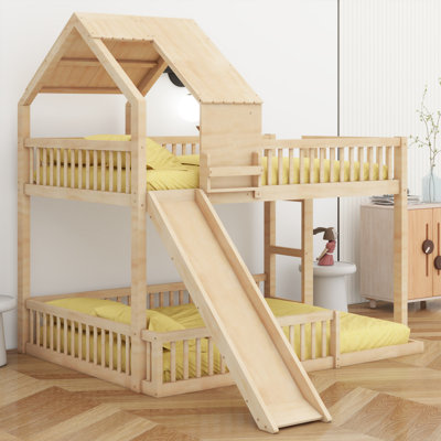 House Style Wooden Bunk Bed Frame with Built-in Ladder & Slide