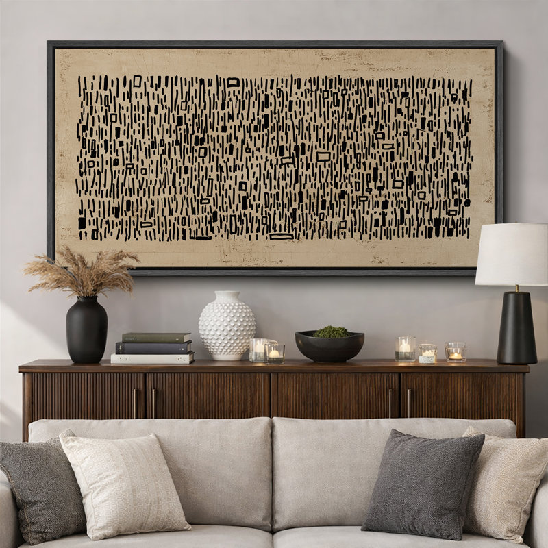 Geometric Line "Brown Black Wabi Sabi Abstract Artwork, Mid Century Modern Neutral Wall Pictures, Extra Large Framed Canvas Giclee Print Wall Art"