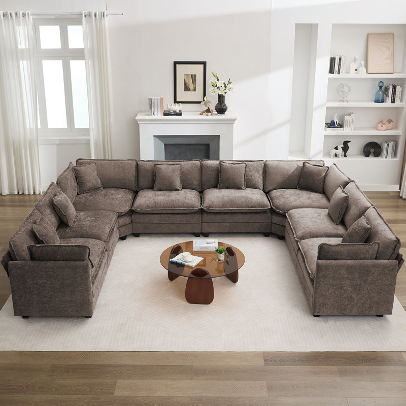 Canapé modulaire en chenille, Forme en U surdimensionnée, Brun