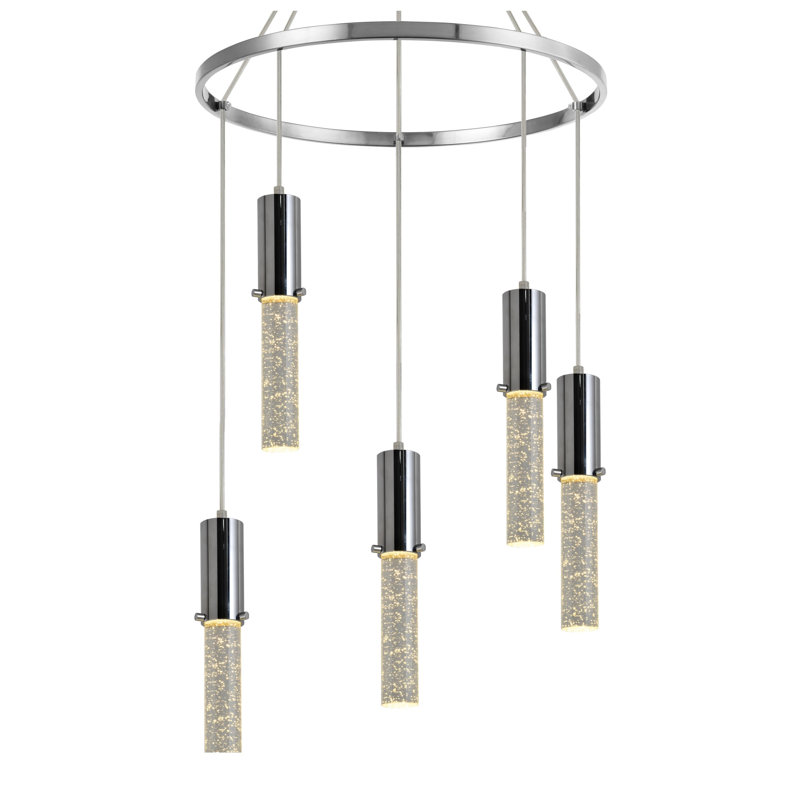 Luminaire suspendu cylindre grappe 5 lumières Paonia, Chrome