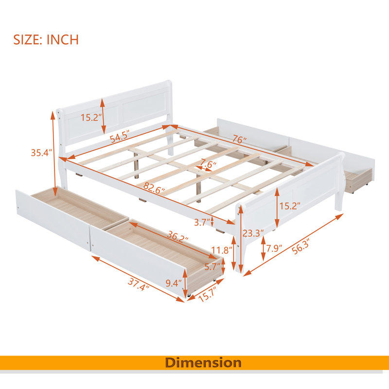Lit plateforme en bois avec 4 tiroirs et tête de lit profilée, Lit double