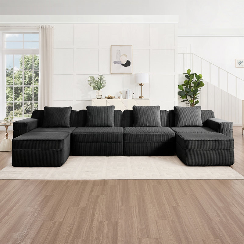 Canapé modulaire modulaire en U à 4 places avec coussins décoratifs et repose-pieds en tissu velours côtelé, 4, Noir