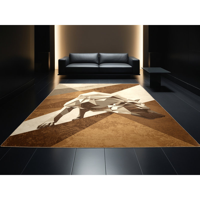 Tapis moelleux moelleux à motif géométrique moderne brun et beige Adriel Hyena, 4 x 6