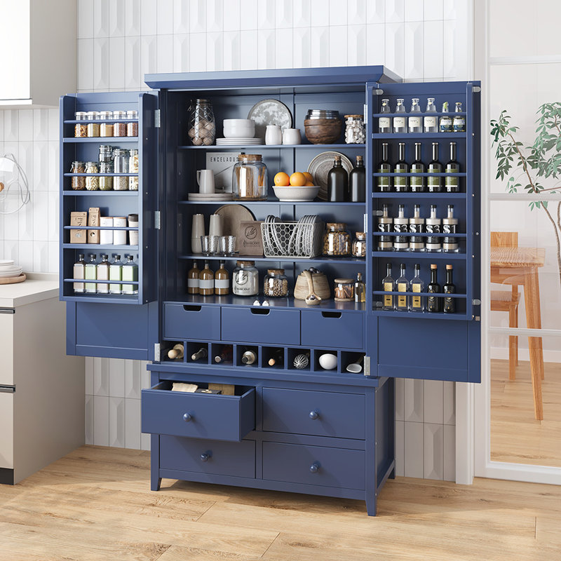 Freestanding Large Kitchen Pantry Wooden Kitchen Storage Cabinet with 8 Door Shelves, Blue